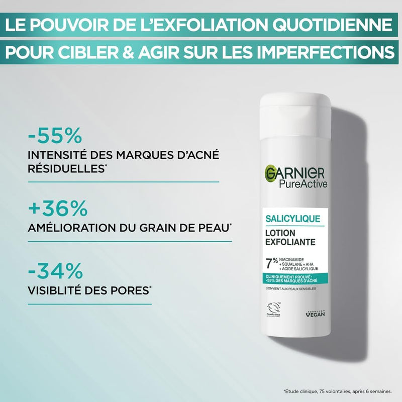 GARNIER Pure Active - Soin Exfoliant Visage - Réduit Les Marques D'acné & Les Pores - Niacinamide, AHA & Acide Salicylique - Formule Liquide Légère - Vegan & Cruelty Free - Homme & Femme - 120 ml