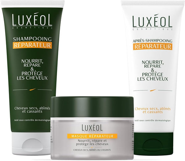 LUXEOL - Routine Réparation - Cheveux Secs, Abîmés & Cassants - Répare, Nourrit, Protège - Shampooing + Après-Shampooing + Masque - Fabriqué En France - 3 x 200 ml
