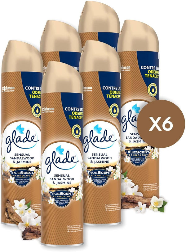 Glade Aérosol - Elimine Les Odeurs - Parfum Frais - Infusé Aux Huiles Essentielles - Sensual Sandalwood & Jasmine - 6 Aérosols